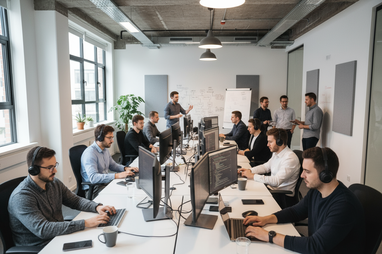 a team is working on laptops and computer for web and app development