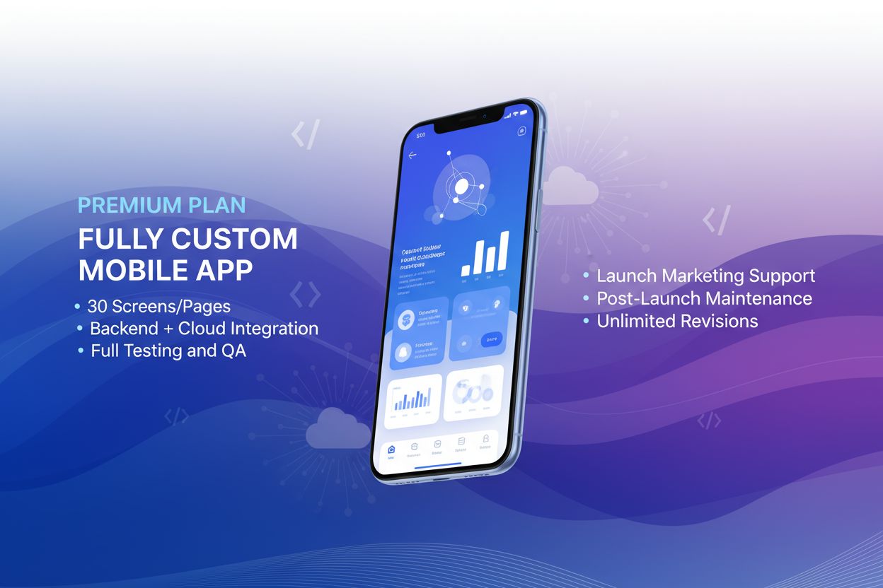 app development premium plan without price Fully custom mobile app
30 screens/pages
Backend + cloud integration
Full testing and QA
Launch marketing support
Post-launch maintenance
Unlimited revisions