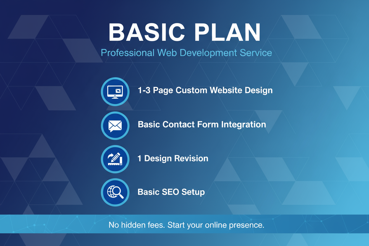 web development basis plan without price 1-3 page custom website design
Basis contact form integration
1 design revision
Basic SEO setup