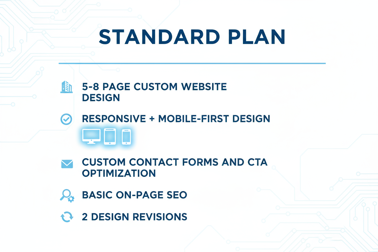 web development standard plan without price 5-8 page custom website design
Responsive + mobile-first design
Custom contact forms and CTA optimization
Basic on-page SEO
2 design revisions