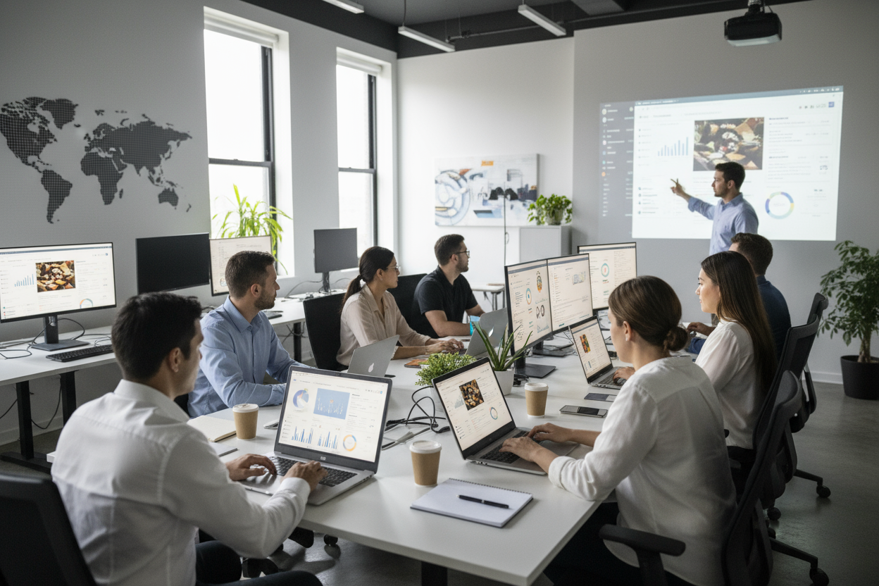 a team is working on laptops and computer for digital marketing